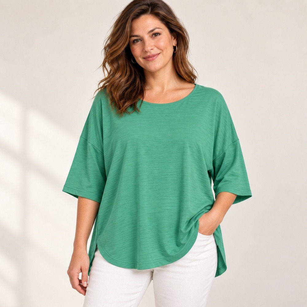 J. Jill Wearever Green Slub Knit Scoop Neck Oversized Tunic Top Medium Petite